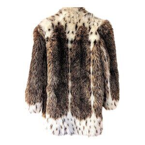 Vintage 80s Faux Fur Coat L Large White Spotted Lynx Animal Print Snow Leopard